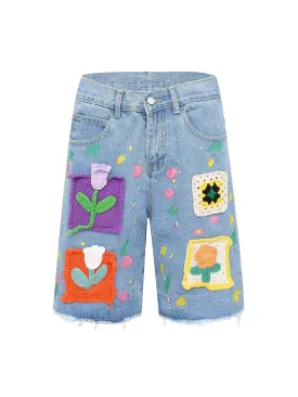 Street Patch Flower Embroidered Cat Whiskers Denim Shorts- 2032