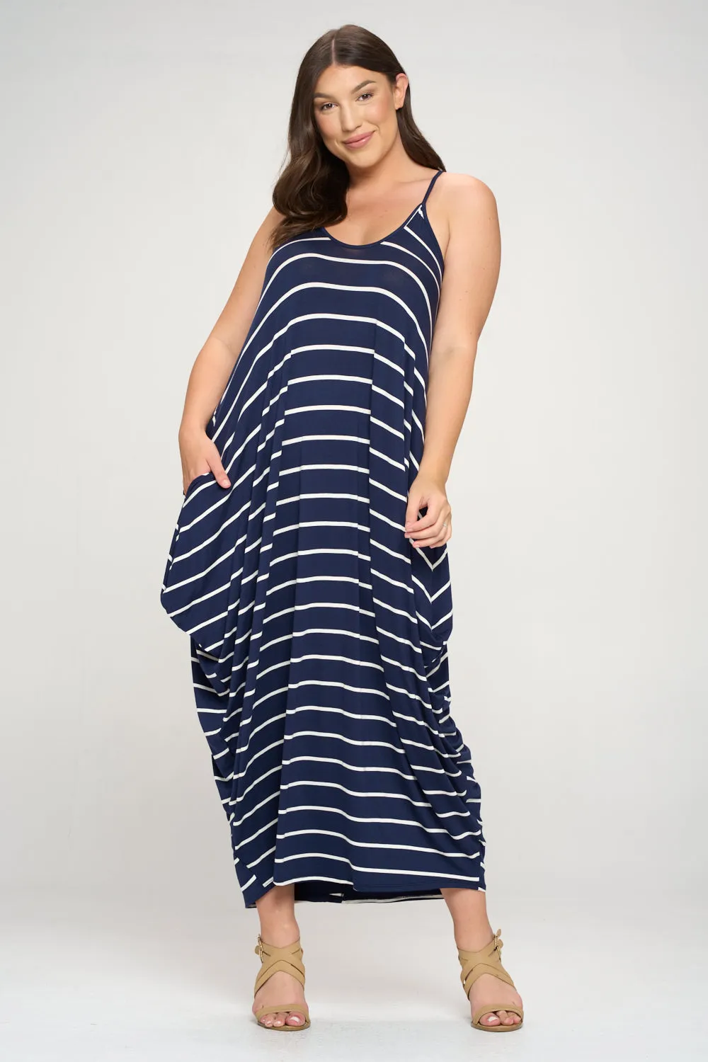Striped Spaghetti Strap Pocket Maxi Dress