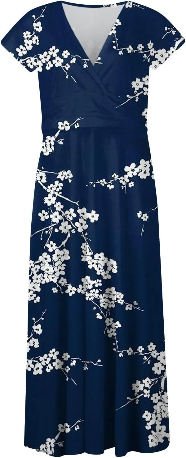 Summer Dresses Women Short Sleeve Maxi Dress Summer Fitted Tight Vintage Floral Print