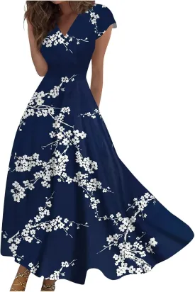 Summer Dresses Women Short Sleeve Maxi Dress Summer Fitted Tight Vintage Floral Print