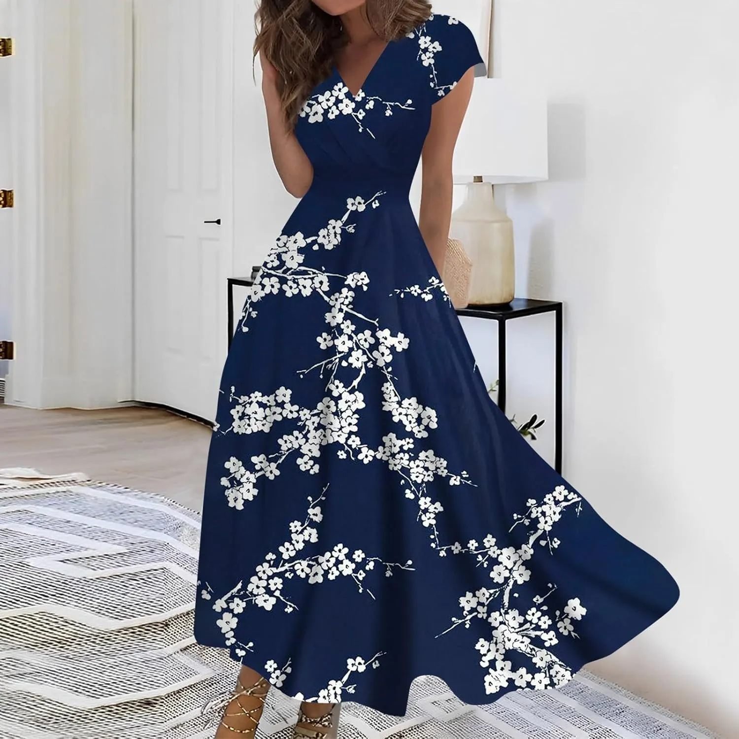 Summer Dresses Women Short Sleeve Maxi Dress Summer Fitted Tight Vintage Floral Print