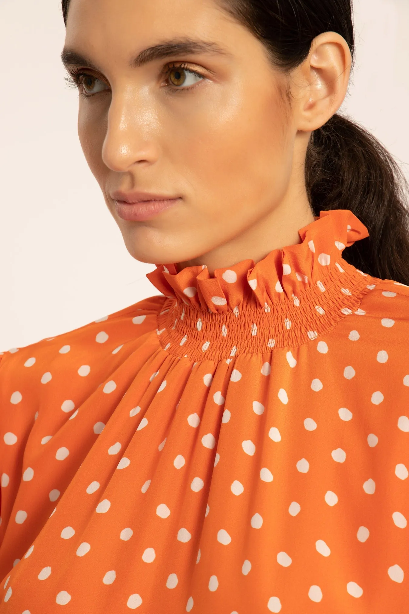 Tangerine Pois Lastex Detail Long Dress