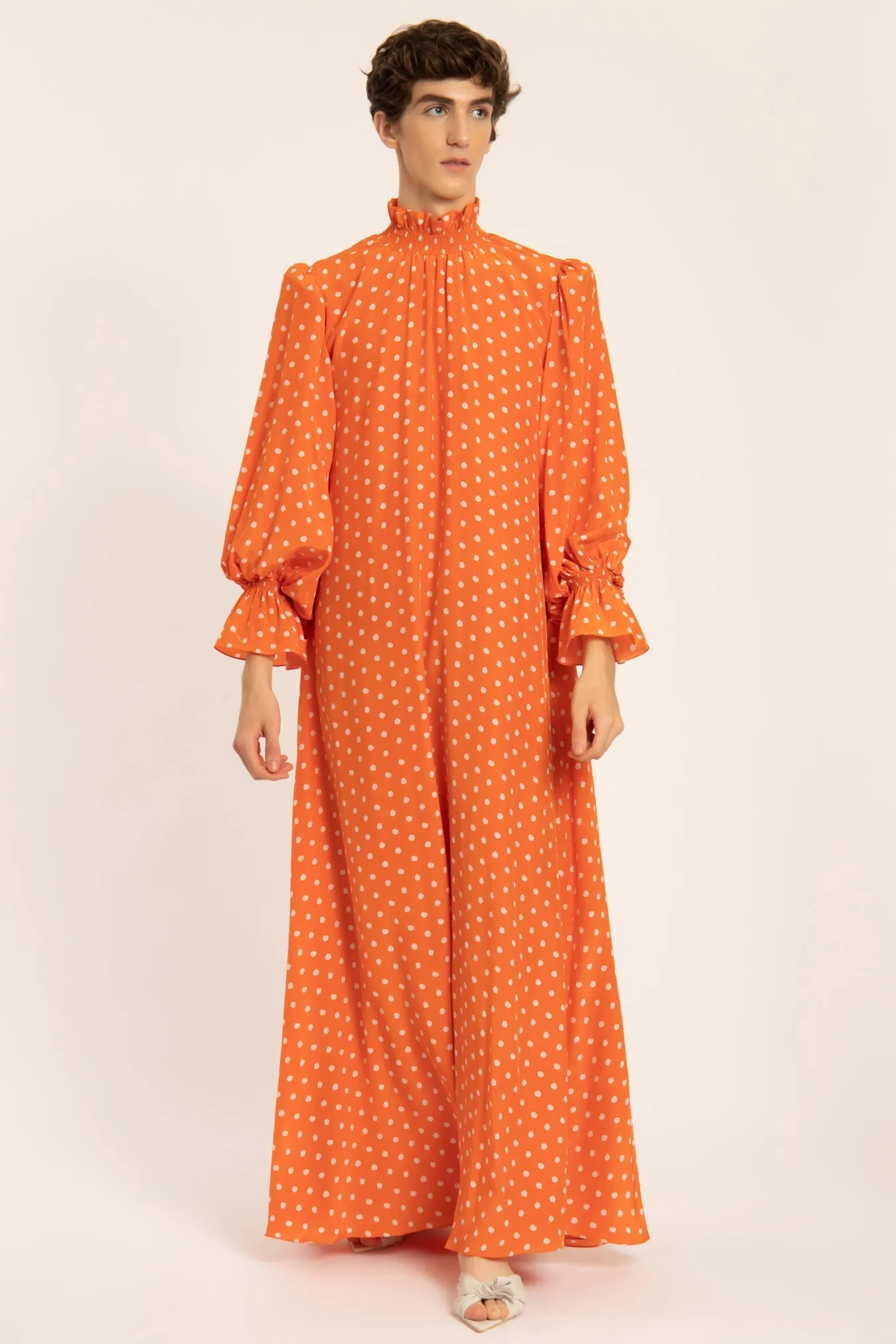 Tangerine Pois Lastex Detail Long Dress