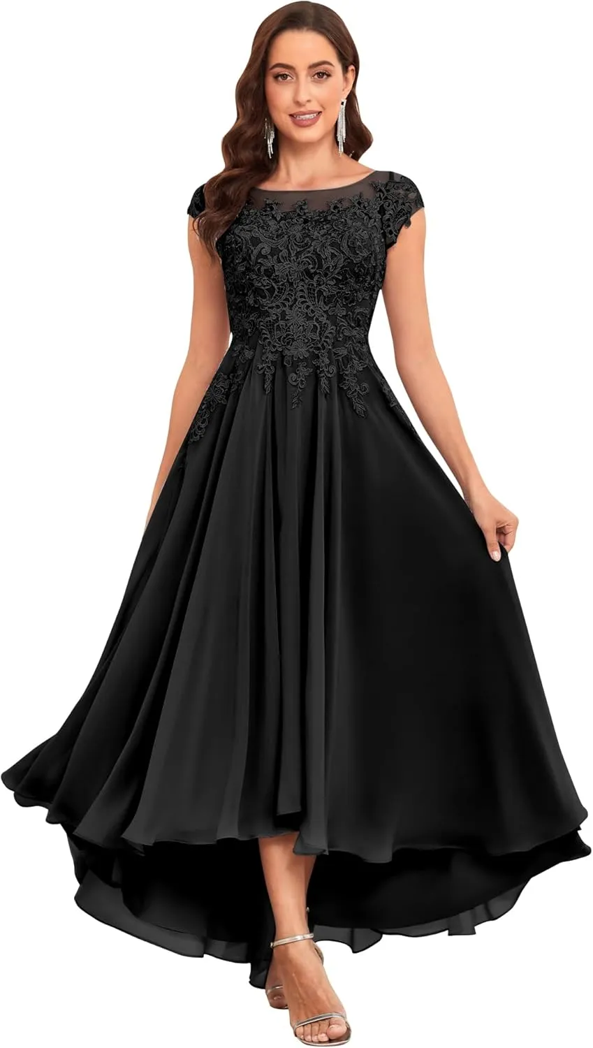 Tea Length Mother of The Bride Dresses for Women Wedding Cap Sleeves Lace Foral Formal Dress with Pockets