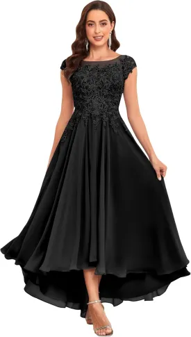 Tea Length Mother of The Bride Dresses for Women Wedding Cap Sleeves Lace Foral Formal Dress with Pockets