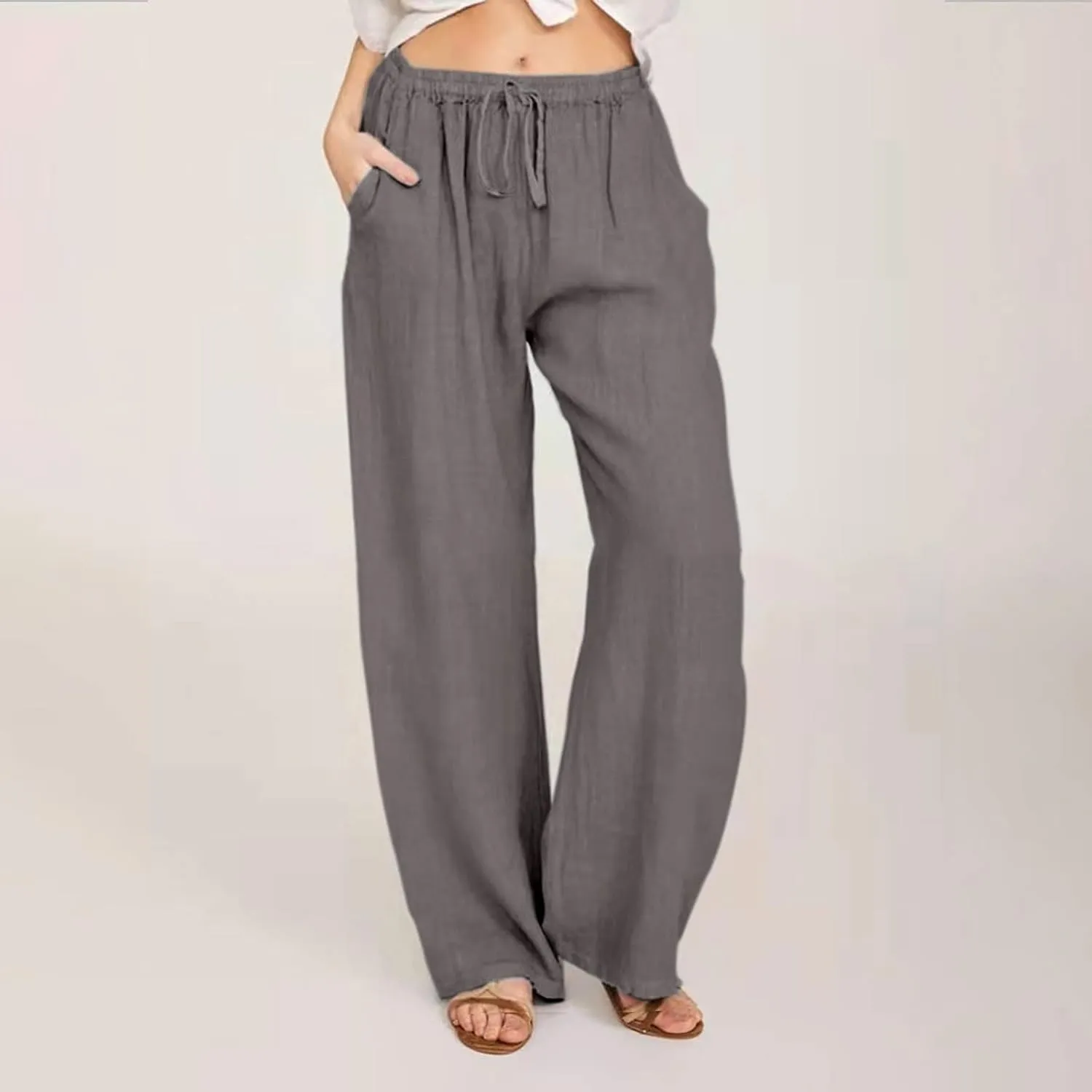 TUNUSKAT Womens Wide Leg Linen Pants Summer High Waist Cotton Palazzo Trousers Lounge Flowy Boho Slacks Beach Travel Outfits