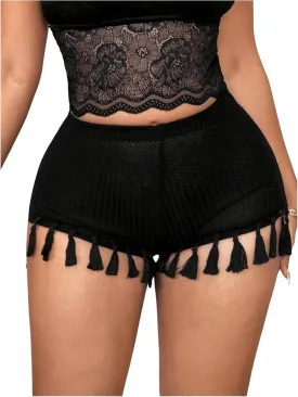 WDIRARA Women's Elastic Waist Fringe Trim Skinny Shorts Mini Shorts