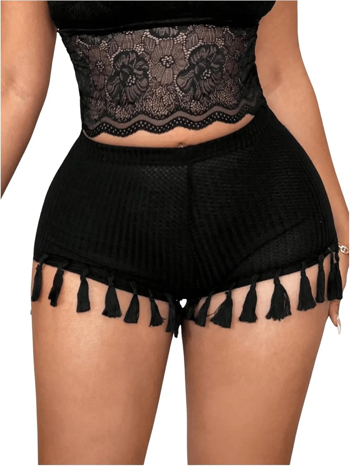 WDIRARA Women's Elastic Waist Fringe Trim Skinny Shorts Mini Shorts