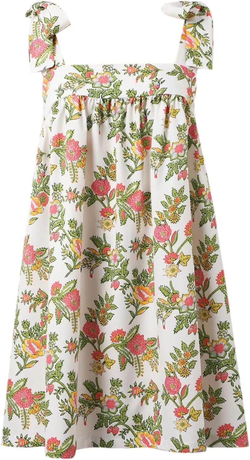 Women Floral Tie Shoulder Mini Dress Summer Cute Square Neck Loose Beach Short Dress Backless Boho Vocation Sundress