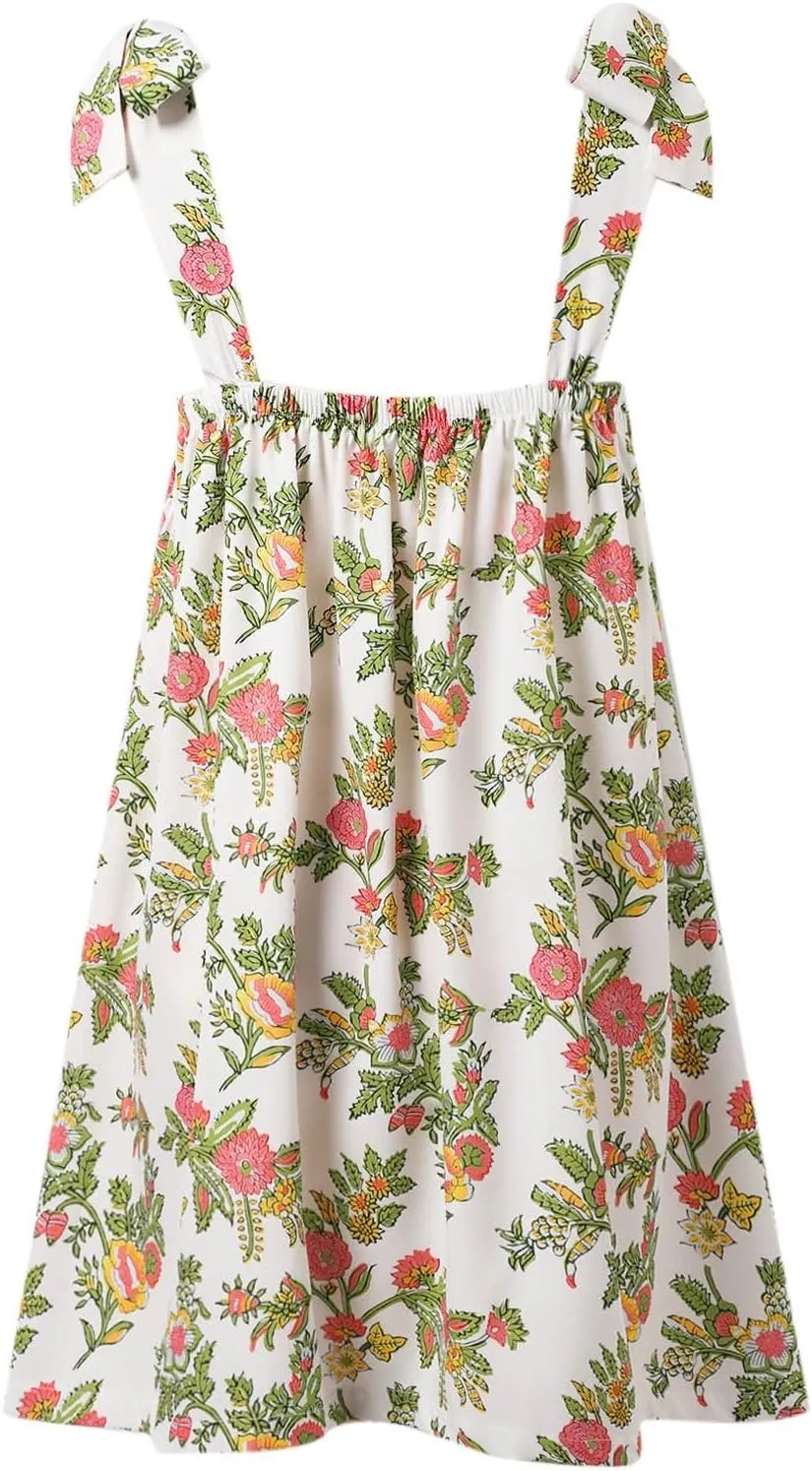 Women Floral Tie Shoulder Mini Dress Summer Cute Square Neck Loose Beach Short Dress Backless Boho Vocation Sundress