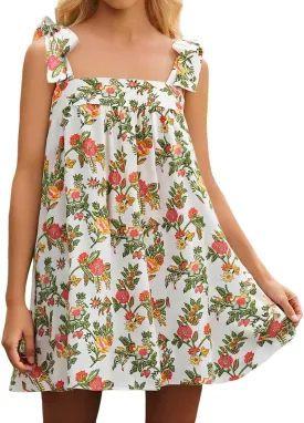 Women Floral Tie Shoulder Mini Dress Summer Cute Square Neck Loose Beach Short Dress Backless Boho Vocation Sundress