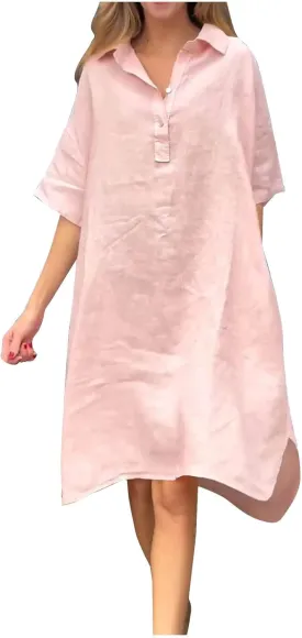 Women Summer Casual Linen Beach Tunic Dress Loose High Low Midi Long 1/4 Button Polos T Shirt Dress Swimsuit Cover Ups