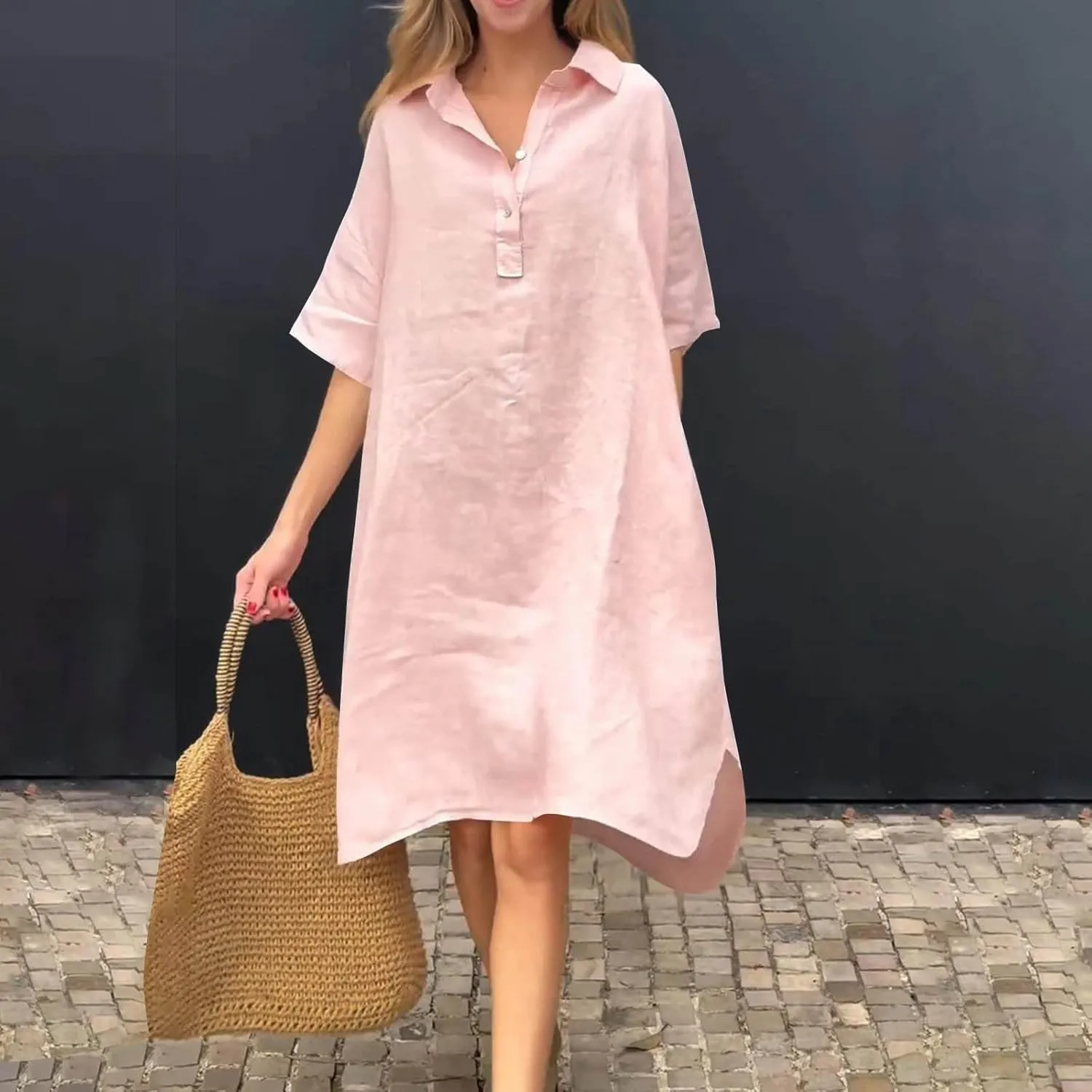 Women Summer Casual Linen Beach Tunic Dress Loose High Low Midi Long 1/4 Button Polos T Shirt Dress Swimsuit Cover Ups