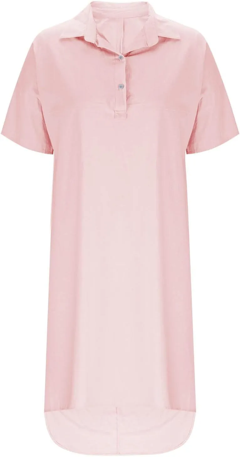Women Summer Casual Linen Beach Tunic Dress Loose High Low Midi Long 1/4 Button Polos T Shirt Dress Swimsuit Cover Ups