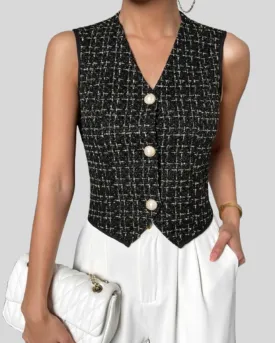 Women's Black V-Neck Buttoned Tweed Vest