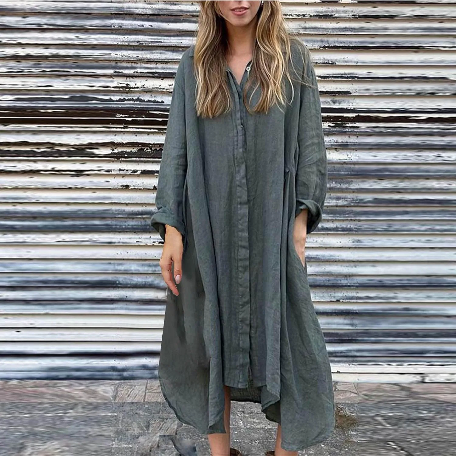 Womens Casual Collared Cotton Linen Maxi Shirt Dress Long Sleeve Button Up Long Swimsuit Cover Ups Summer Beach Dresses