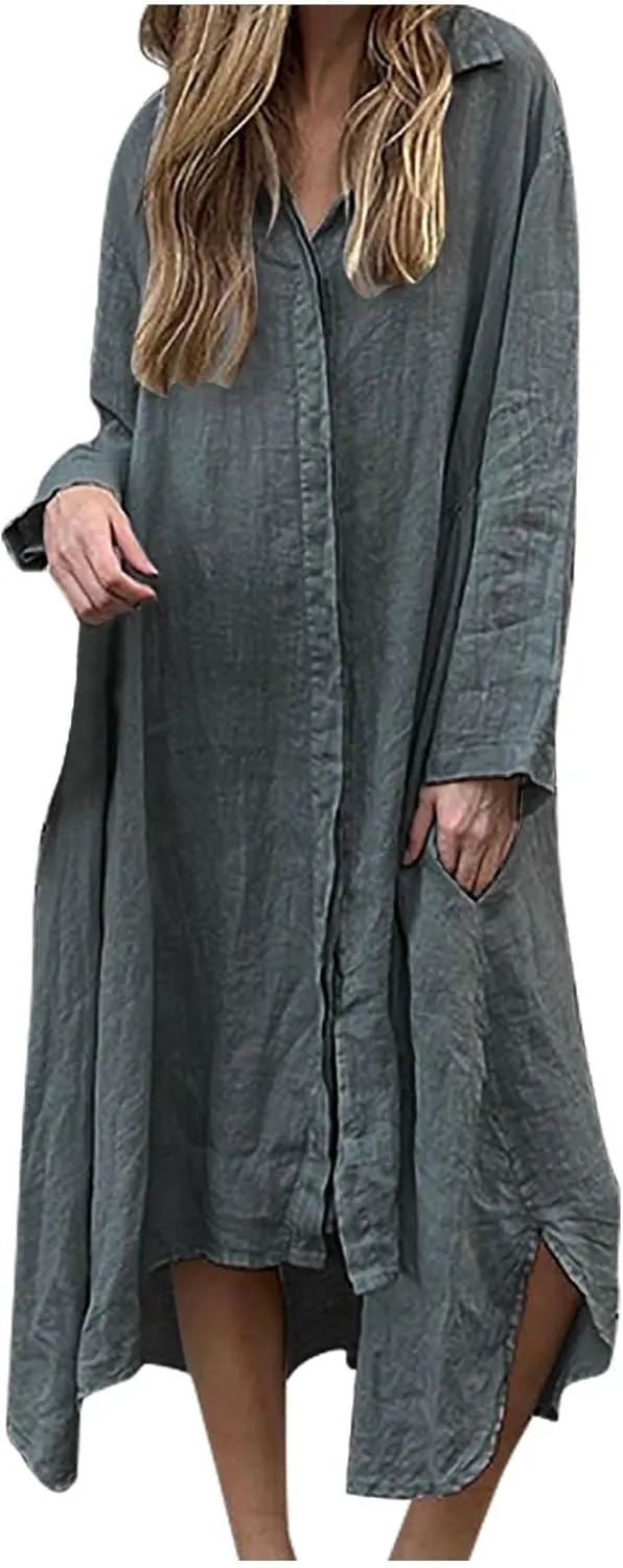Womens Casual Collared Cotton Linen Maxi Shirt Dress Long Sleeve Button Up Long Swimsuit Cover Ups Summer Beach Dresses
