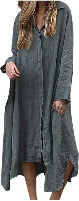 Womens Casual Collared Cotton Linen Maxi Shirt Dress Long Sleeve Button Up Long Swimsuit Cover Ups Summer Beach Dresses