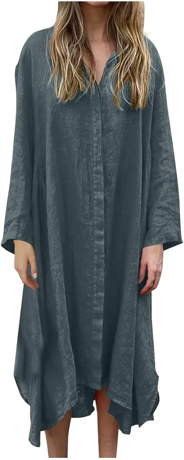 Womens Casual Collared Cotton Linen Maxi Shirt Dress Long Sleeve Button Up Long Swimsuit Cover Ups Summer Beach Dresses