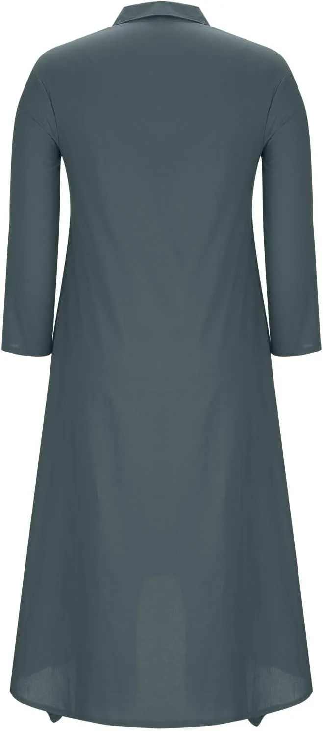 Womens Casual Collared Cotton Linen Maxi Shirt Dress Long Sleeve Button Up Long Swimsuit Cover Ups Summer Beach Dresses