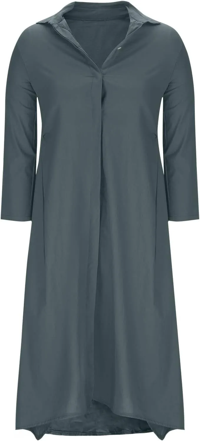 Womens Casual Collared Cotton Linen Maxi Shirt Dress Long Sleeve Button Up Long Swimsuit Cover Ups Summer Beach Dresses
