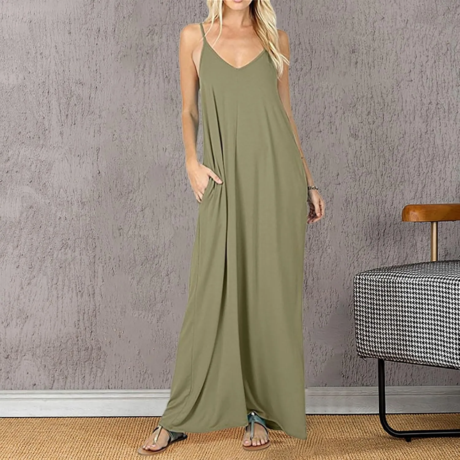 Womens Casual Dress Summer Sleeveless V Neck Sundress Aline Flowy Beach Maxi Dresses Travel 2025 Vacation Outfits