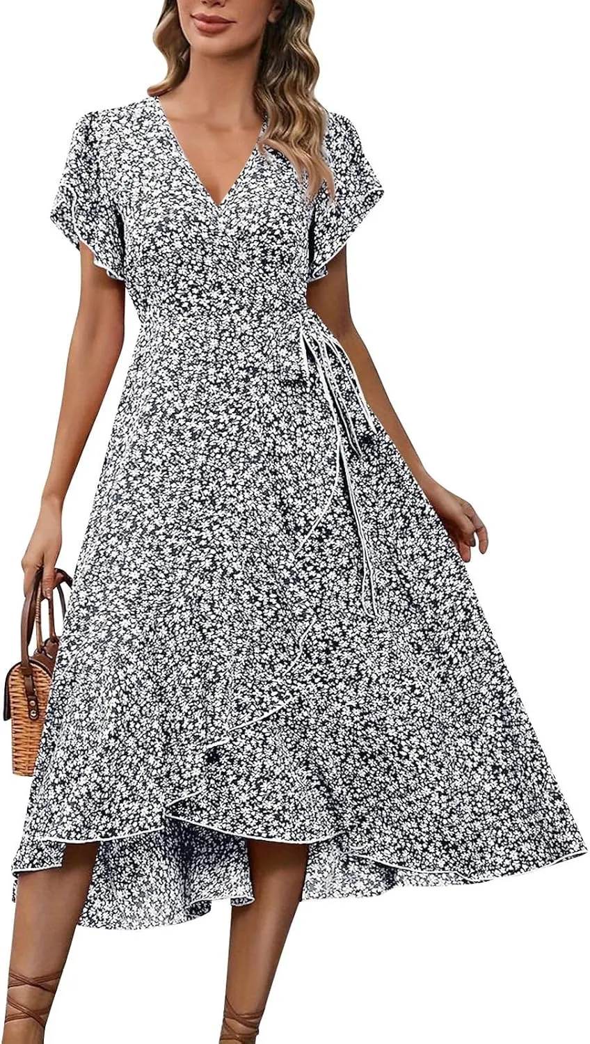 Womens Floral Vacation Dresses Casual Waisted Beach Sundresses Hawaiian Flowy V Neck Dress Ladies Trendy Cute Dress