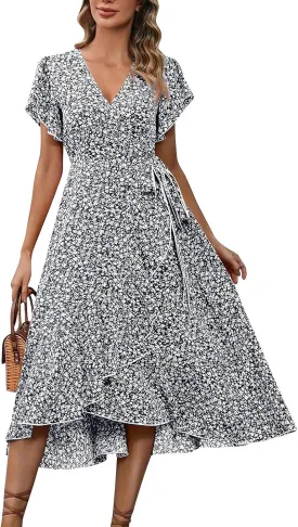 Womens Floral Vacation Dresses Casual Waisted Beach Sundresses Hawaiian Flowy V Neck Dress Ladies Trendy Cute Dress