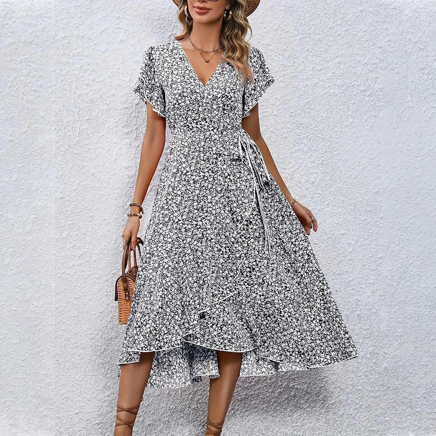 Womens Floral Vacation Dresses Casual Waisted Beach Sundresses Hawaiian Flowy V Neck Dress Ladies Trendy Cute Dress