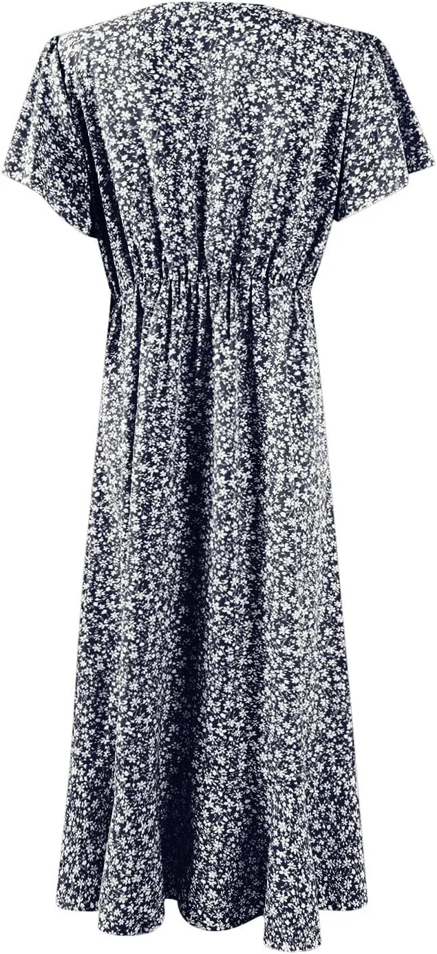 Womens Floral Vacation Dresses Casual Waisted Beach Sundresses Hawaiian Flowy V Neck Dress Ladies Trendy Cute Dress