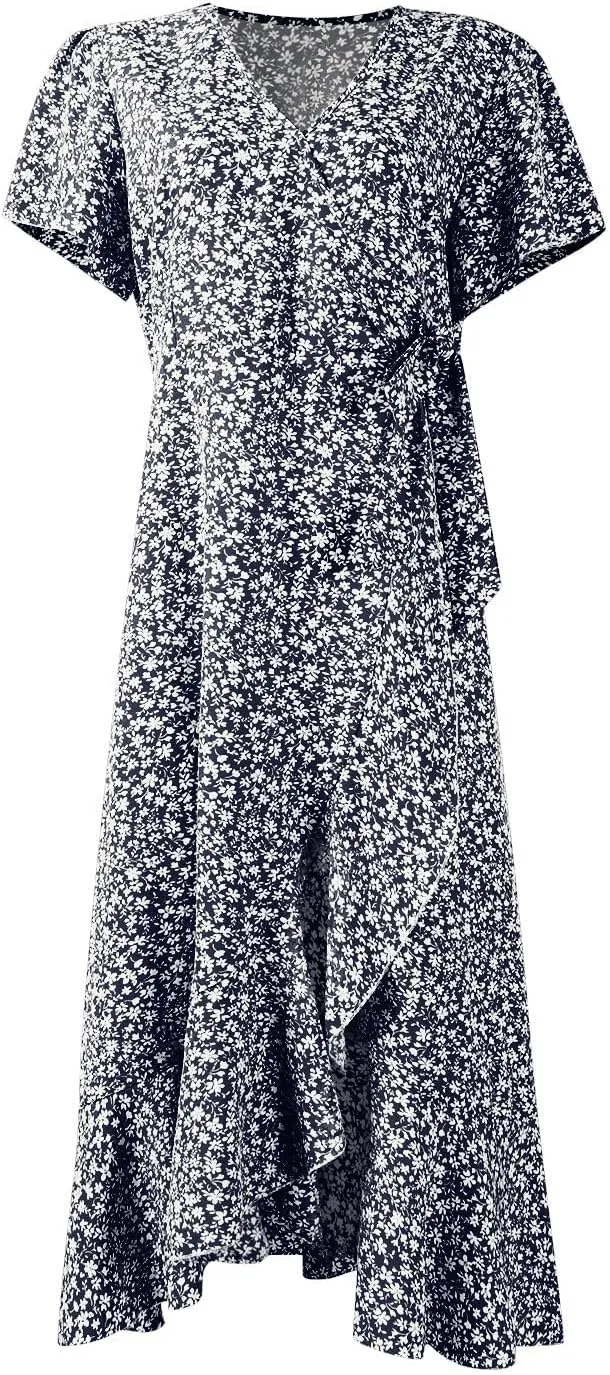 Womens Floral Vacation Dresses Casual Waisted Beach Sundresses Hawaiian Flowy V Neck Dress Ladies Trendy Cute Dress