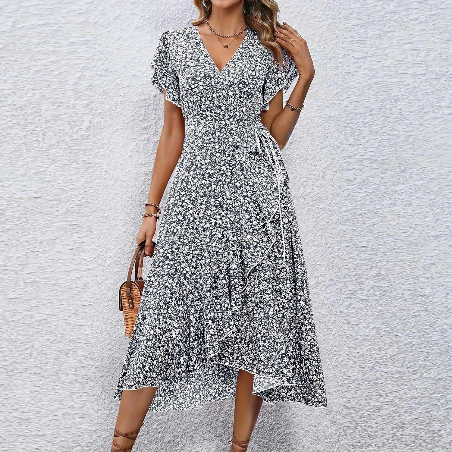 Womens Floral Vacation Dresses Casual Waisted Beach Sundresses Hawaiian Flowy V Neck Dress Ladies Trendy Cute Dress