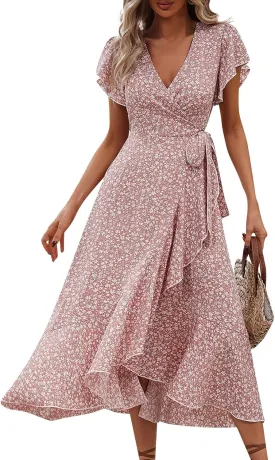 Womens Summer Dress Ruffle Short Sleeve V Neck Midi Sundress Boho Flowy Wrap Tie Waist A-Line Wedding Guest Dress