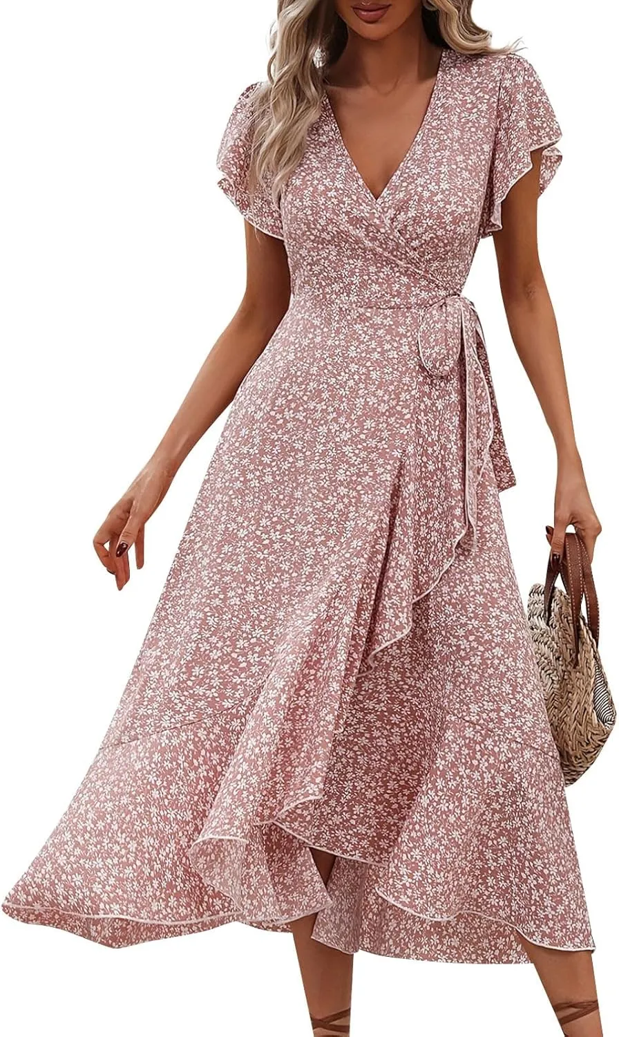Womens Summer Dress Ruffle Short Sleeve V Neck Midi Sundress Boho Flowy Wrap Tie Waist A-Line Wedding Guest Dress