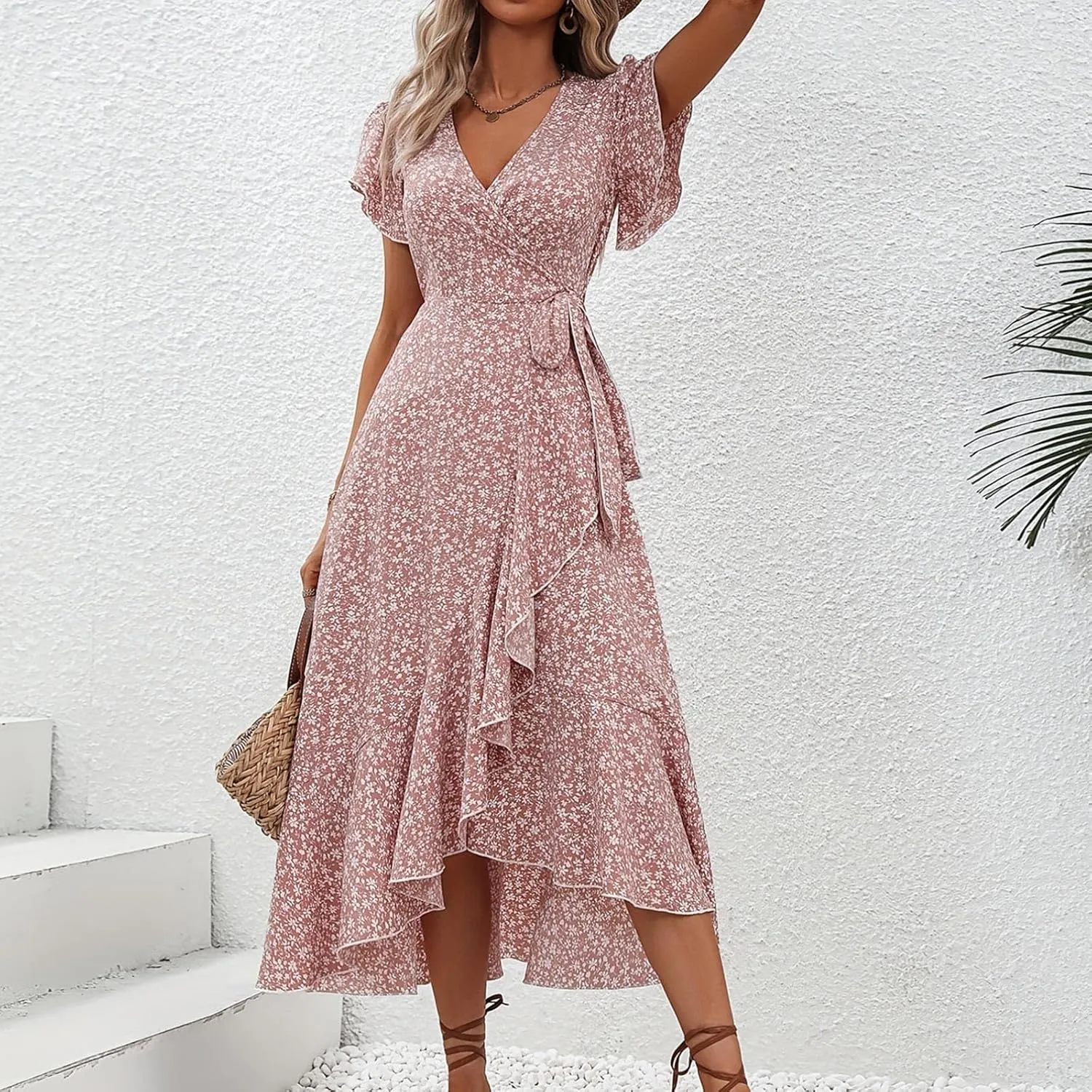 Womens Summer Dress Ruffle Short Sleeve V Neck Midi Sundress Boho Flowy Wrap Tie Waist A-Line Wedding Guest Dress