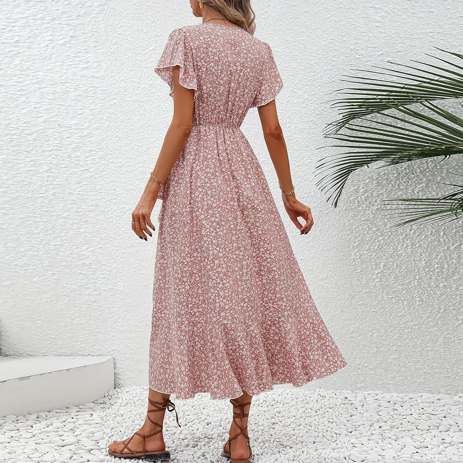 Womens Summer Dress Ruffle Short Sleeve V Neck Midi Sundress Boho Flowy Wrap Tie Waist A-Line Wedding Guest Dress