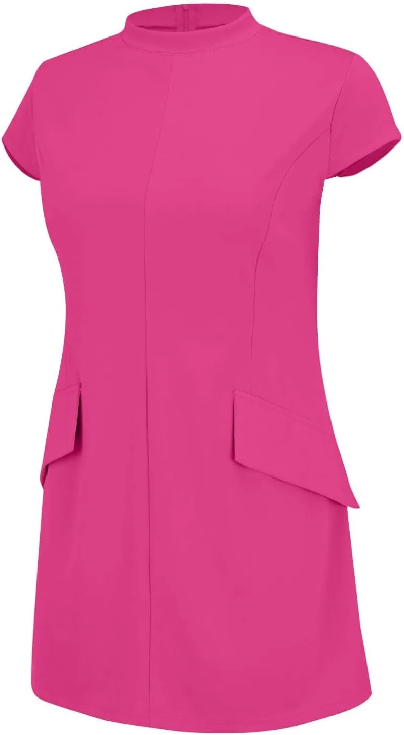 Womens Summer Slim Fit Dress Mock Round Neck Short Sleeve Bodycon Party Club Mini Dresses with Pockets Casual 2025
