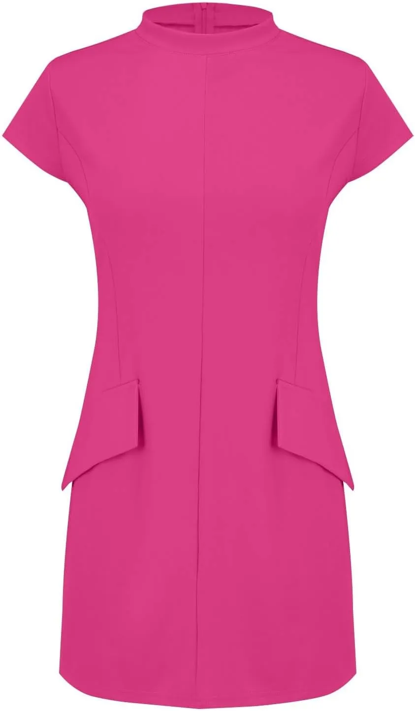 Womens Summer Slim Fit Dress Mock Round Neck Short Sleeve Bodycon Party Club Mini Dresses with Pockets Casual 2025