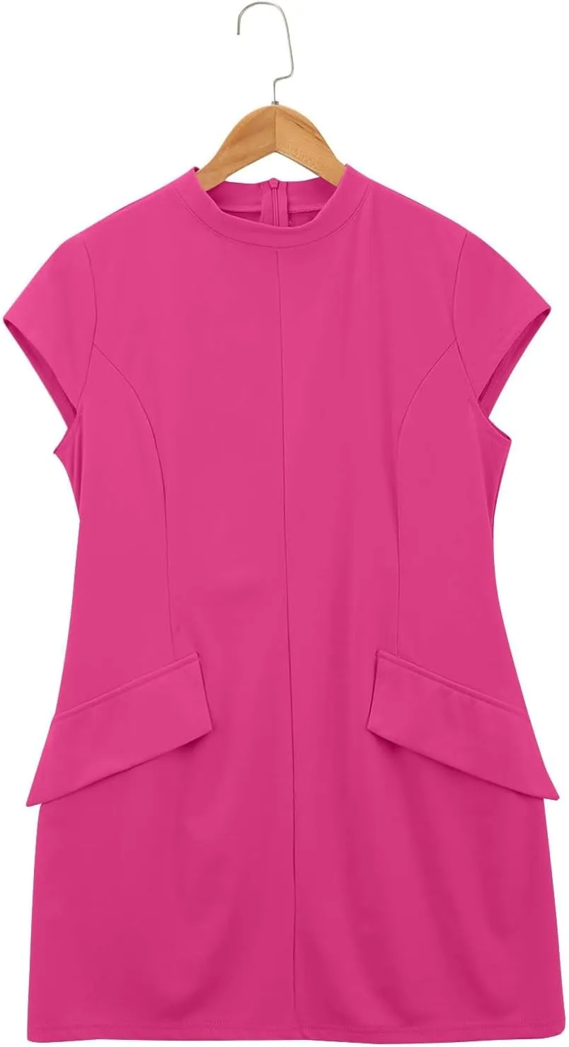 Womens Summer Slim Fit Dress Mock Round Neck Short Sleeve Bodycon Party Club Mini Dresses with Pockets Casual 2025