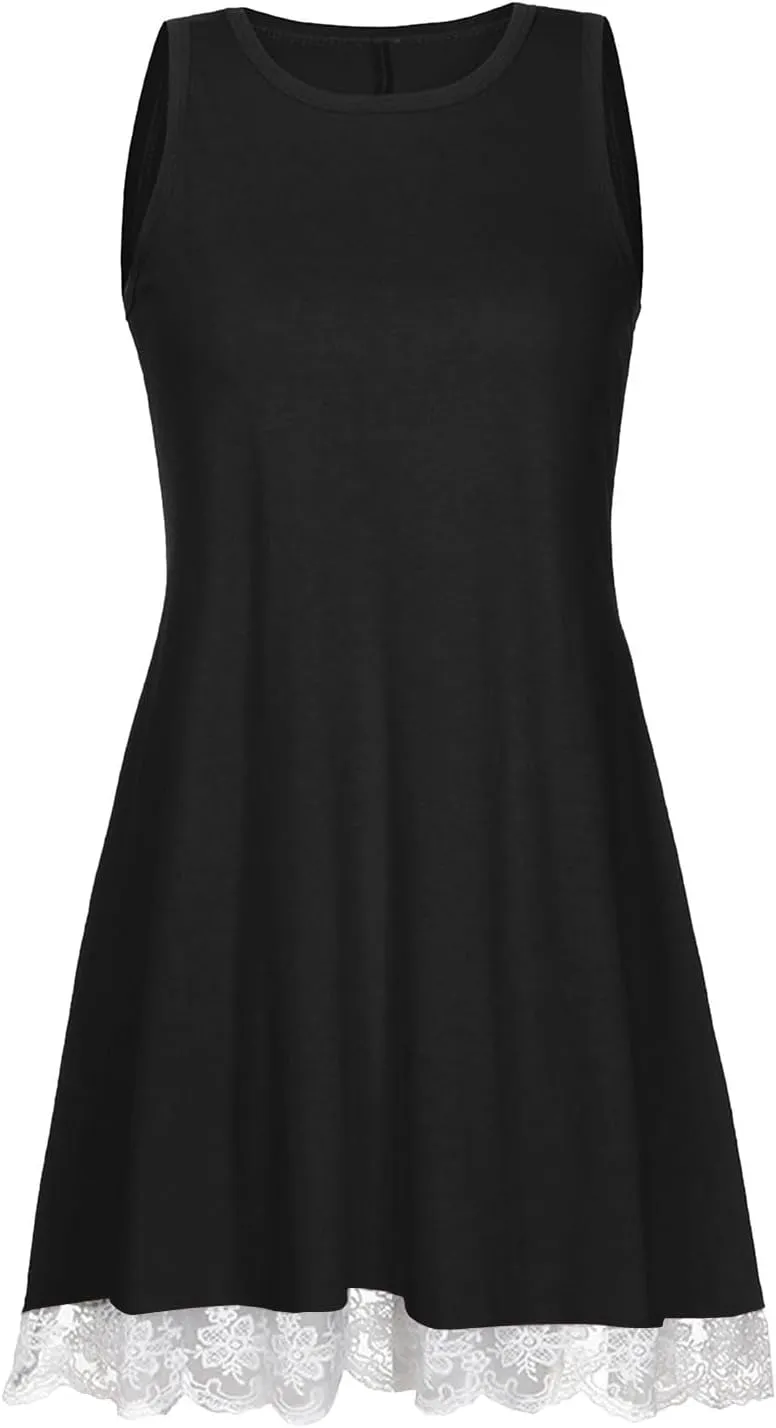 Womens Summer Tank Dresses Lace Hem Mini Dress Casual Sleeveless Sundress Beach Vacation Dresses with Pockets