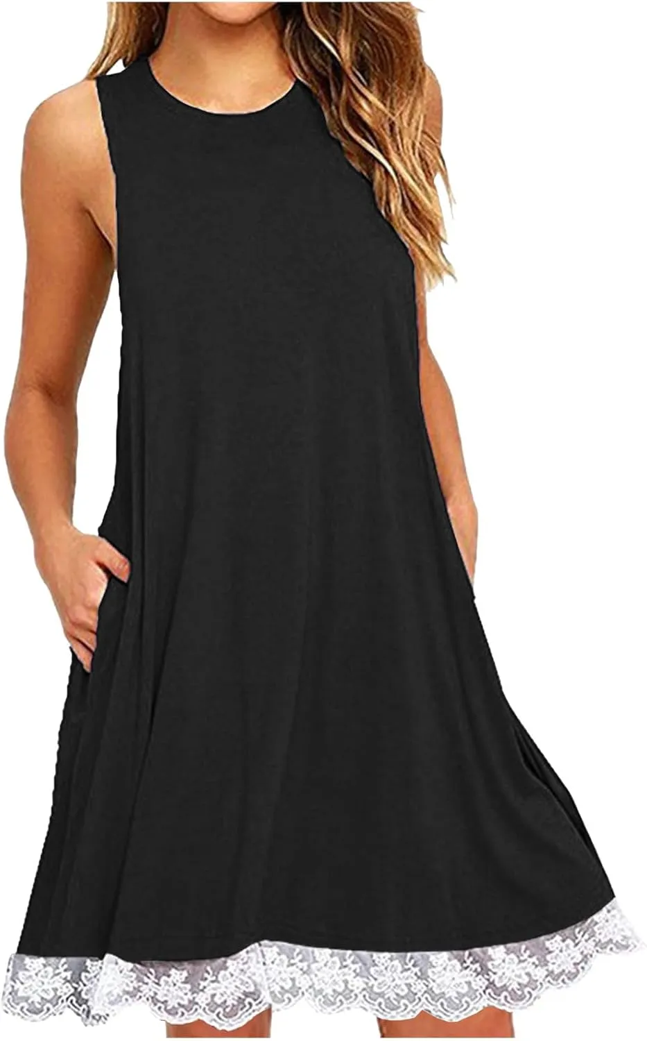 Womens Summer Tank Dresses Lace Hem Mini Dress Casual Sleeveless Sundress Beach Vacation Dresses with Pockets