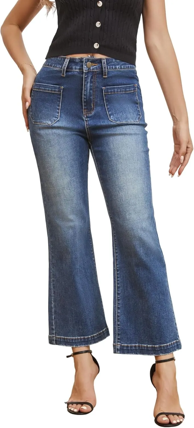 Womens Wide Leg Petite Jeans High Waisted Stretchy Cropped Flare Jeans with Patch Pockets