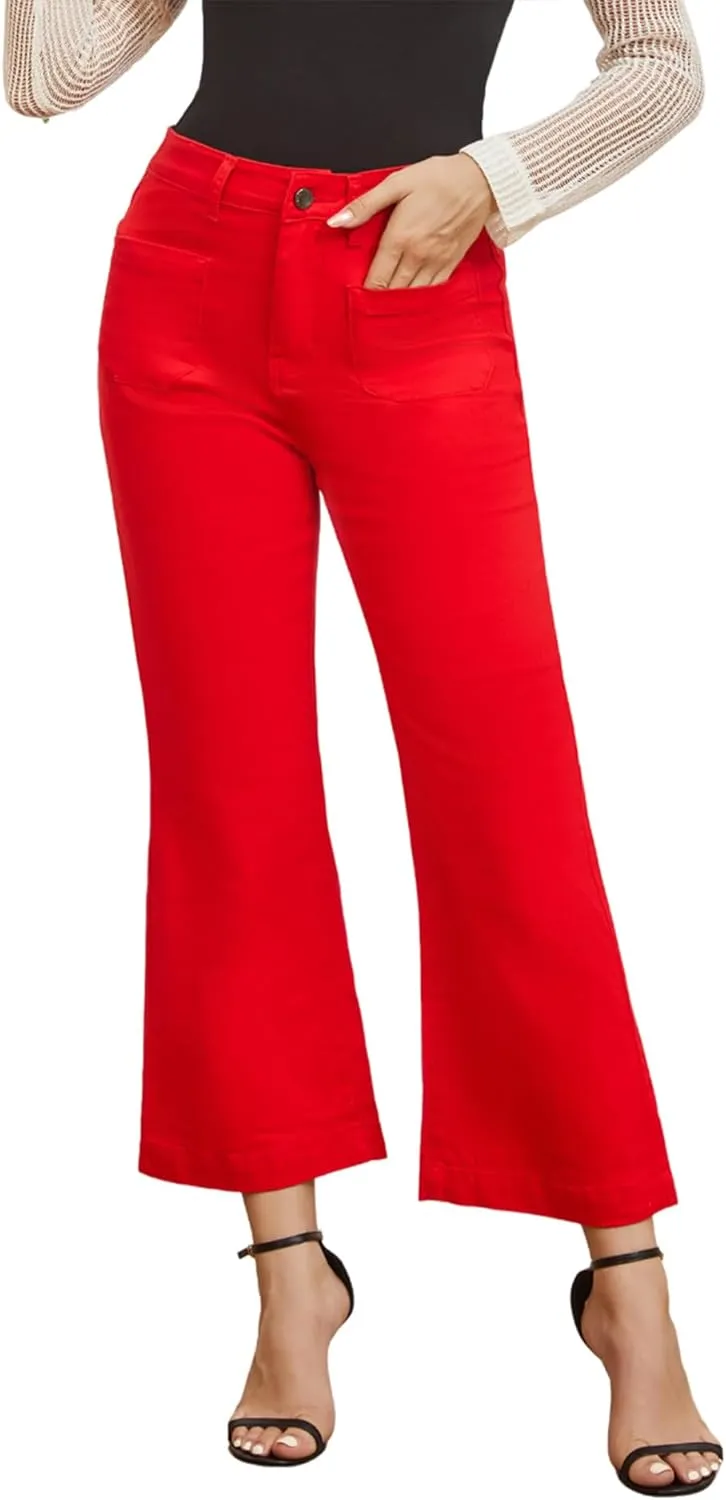 Womens Wide Leg Petite Jeans High Waisted Stretchy Cropped Flare Jeans with Patch Pockets
