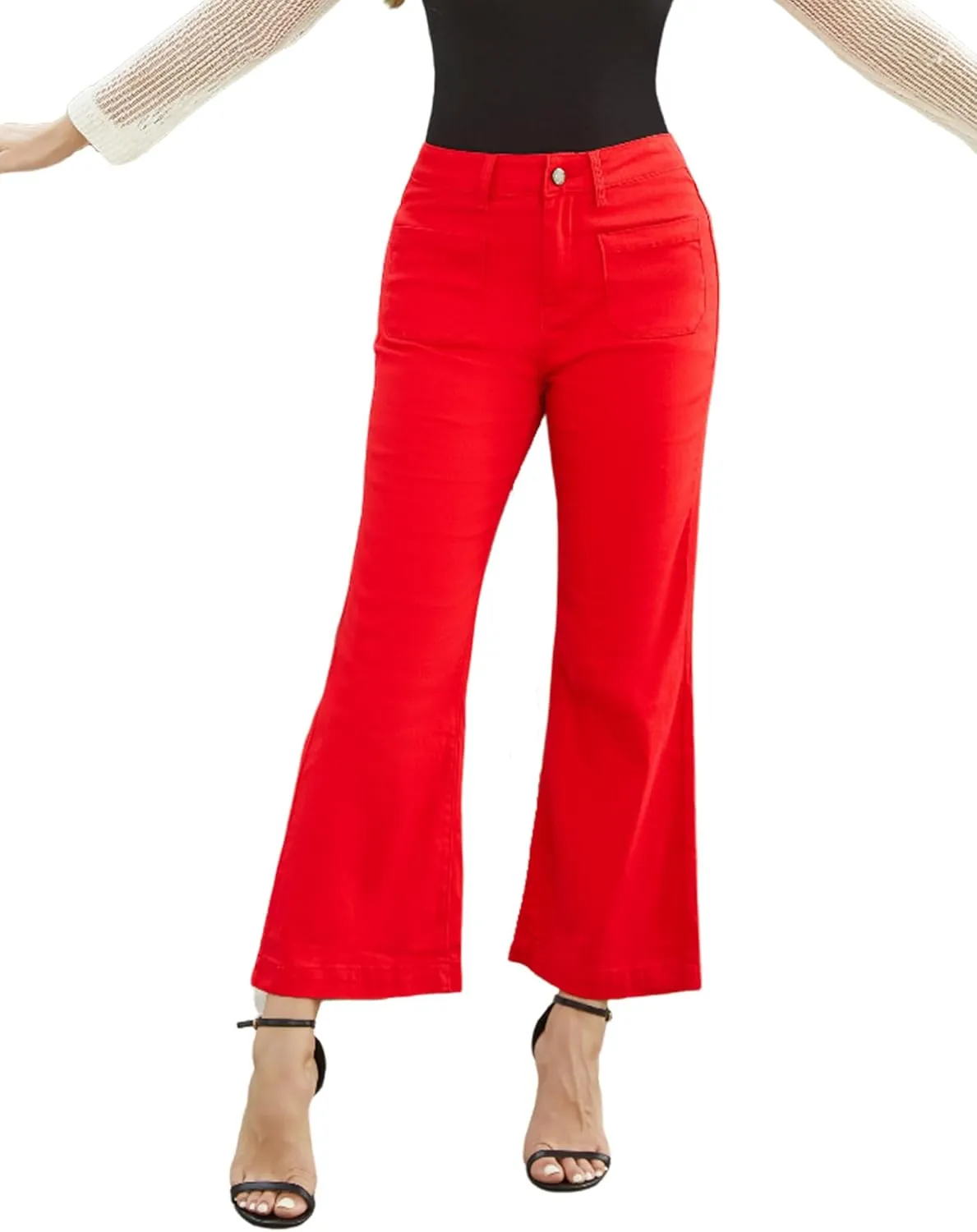 Womens Wide Leg Petite Jeans High Waisted Stretchy Cropped Flare Jeans with Patch Pockets