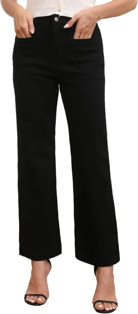 Womens Wide Leg Petite Jeans High Waisted Stretchy Cropped Flare Jeans with Patch Pockets