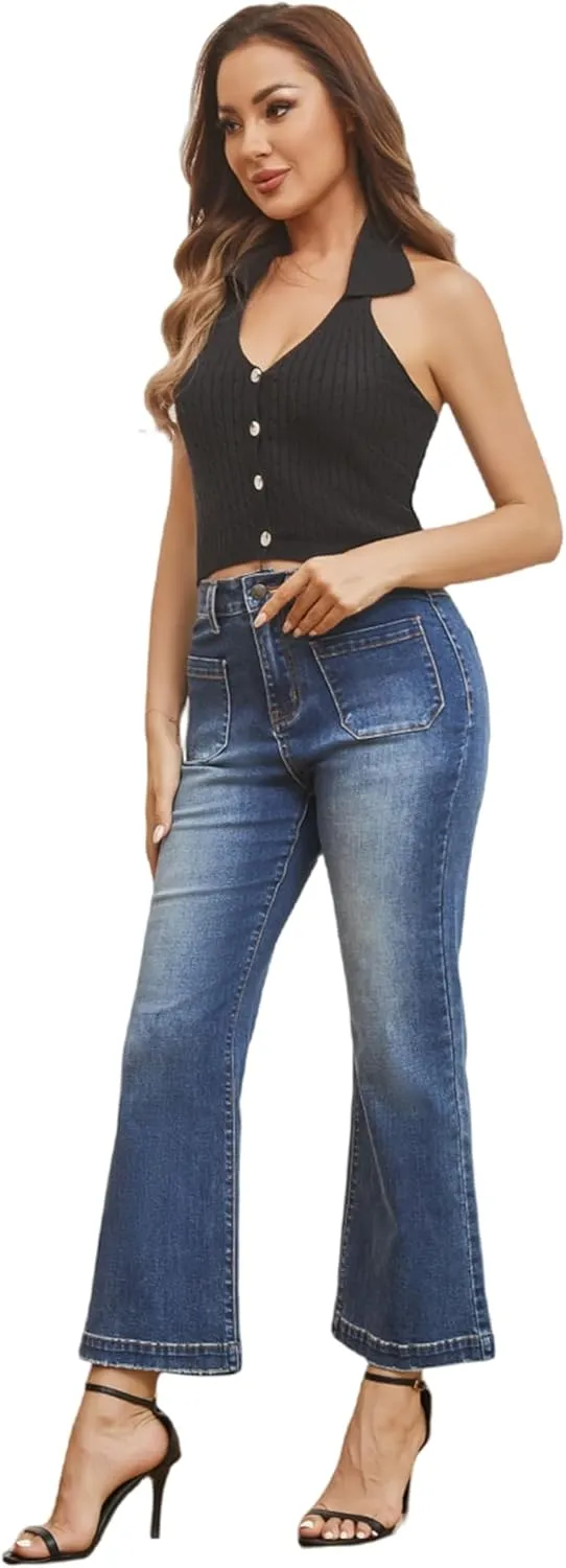 Womens Wide Leg Petite Jeans High Waisted Stretchy Cropped Flare Jeans with Patch Pockets