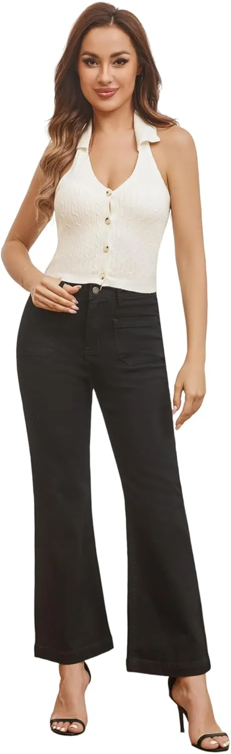 Womens Wide Leg Petite Jeans High Waisted Stretchy Cropped Flare Jeans with Patch Pockets