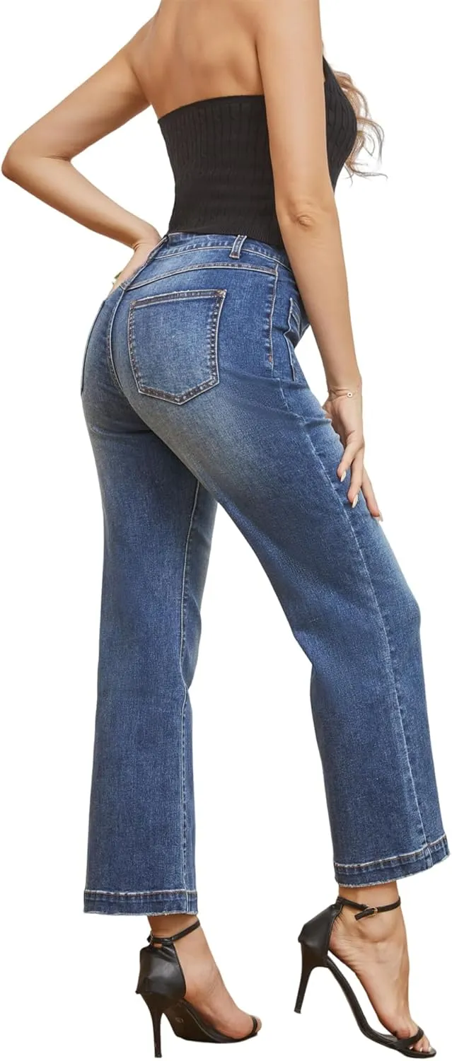 Womens Wide Leg Petite Jeans High Waisted Stretchy Cropped Flare Jeans with Patch Pockets
