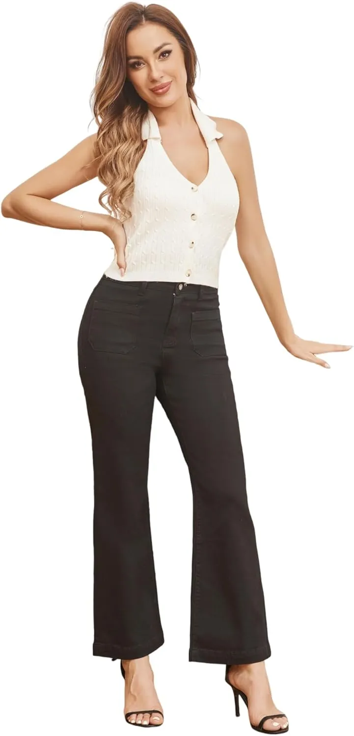 Womens Wide Leg Petite Jeans High Waisted Stretchy Cropped Flare Jeans with Patch Pockets