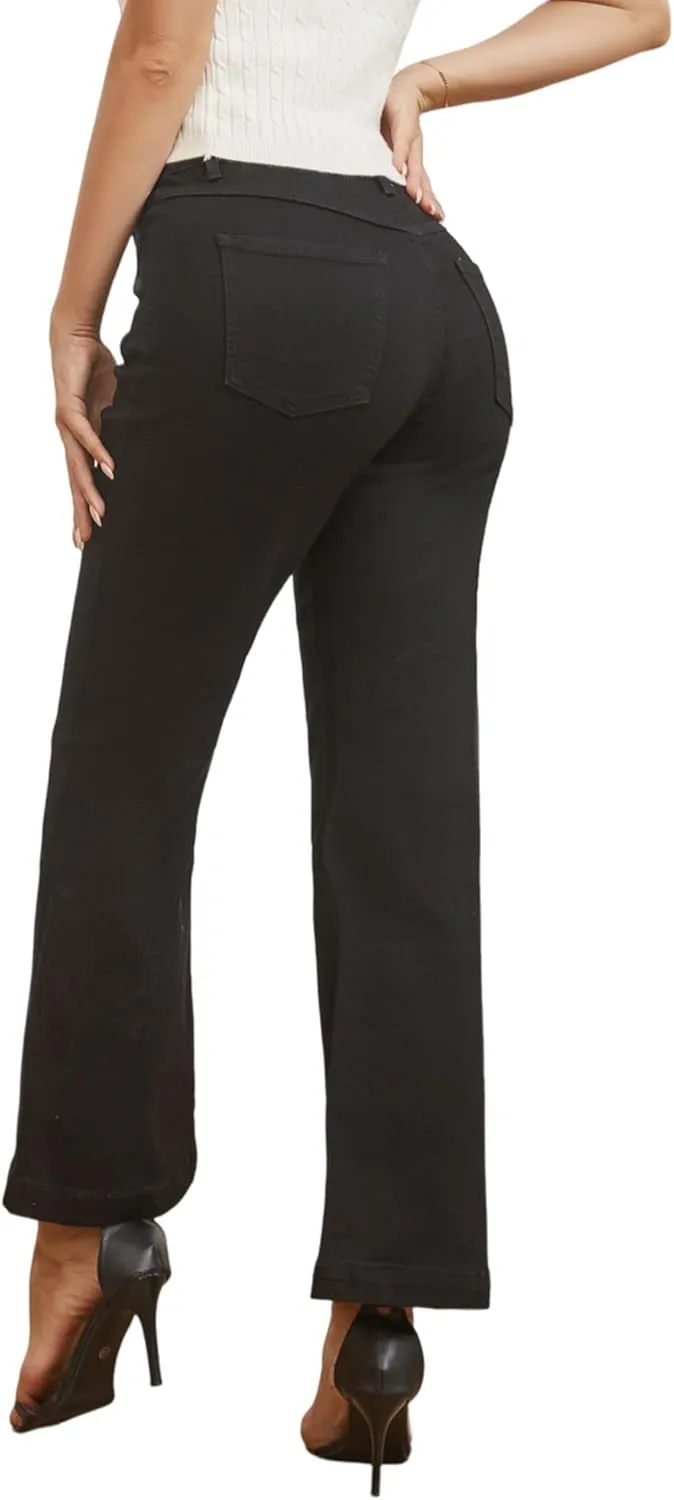 Womens Wide Leg Petite Jeans High Waisted Stretchy Cropped Flare Jeans with Patch Pockets